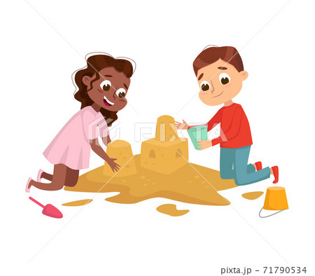 Little Girl and Boy Playing in Sandbox, Kid Having Fun on Playground Cartoon Style Vector Illustration Little Girl and Boy Playing in Sandbox, Kid Having Fun on Playground Cartoon Style Vector Illustration 71790534