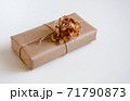 Gift box wrapped in craft paper with natural rustic rope on a white background with dried hydrangea flowers 71790873