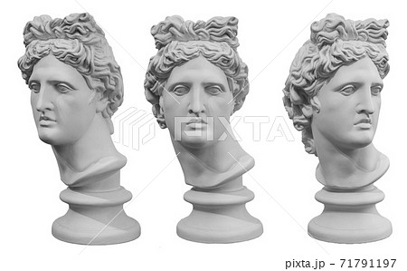 White gypsum copy of ancient statue of Apollo God of Sun head isolated on a white background. Plaster sculpture of man face. Renaissance portrait 71791197