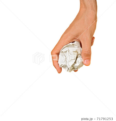 ball of paper and right hand over white 71791253