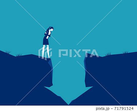 Businesswoman looking into a hole in the arrow shape. The falling arrow 71791524