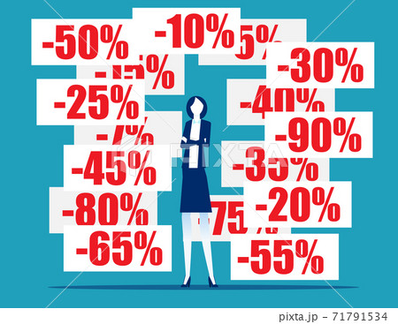 Businesswoman with discount pricing labels. Finance and economy Businesswoman with discount pricing labels. Finance and economy 71791534
