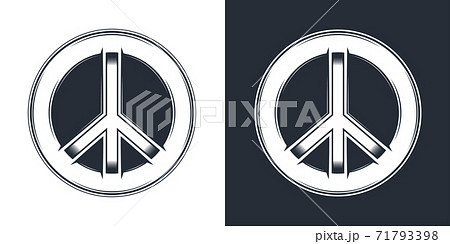 Monochrome peace symbol in round print vector icon. Vintage style isolated vector illustration. Monochrome peace symbol in round print vector icon. Vintage style isolated vector illustration. 71793398