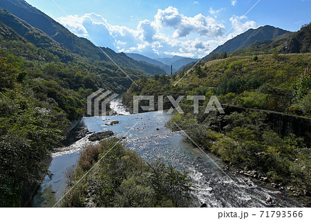 緑が顕著に回復してきた足尾銅山と渡良瀬川の風景の写真素材