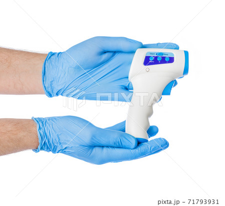 Hands with infrared thermometer 71793931