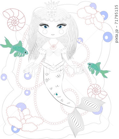 Beautiful mermaid. Underwater world. Anti stress coloring book for adult. Outline drawing coloring page. Black and white in zentangle style. Sea, shells. Marine theme. 71795135