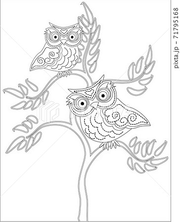 Coloring book for adult and older children. Coloring page with cute owl and floral frame. Outline drawing in zentangle style 71795168
