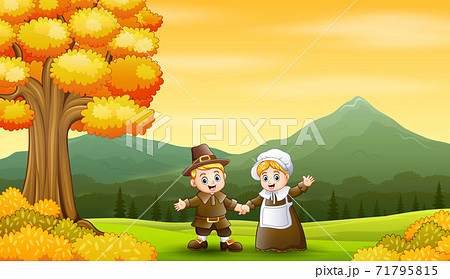 Happy pilgrim couple in the autumn background 71795815