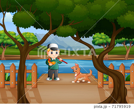 Happy boy fishing with a dog on pier - Stock Illustration [71795919] - PIXTA