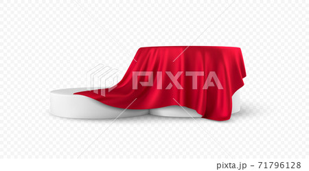 Realistic 3d round white product podium display covered red fabric drapery folds isolated on white background. Vector illustration 71796128