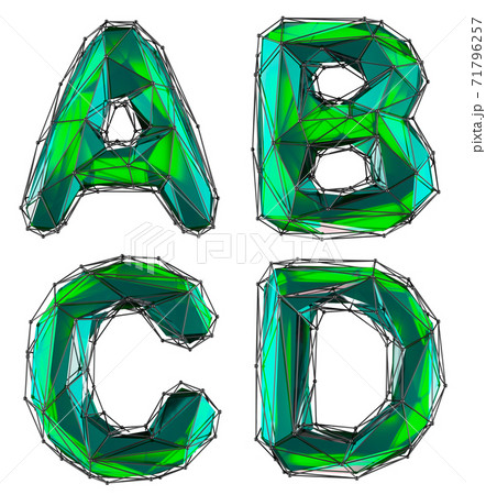 Realistic 3D set of letters A, B, C, D made of low poly style. Collection symbols of low poly style green color glass isolated on white background 3d 71796257