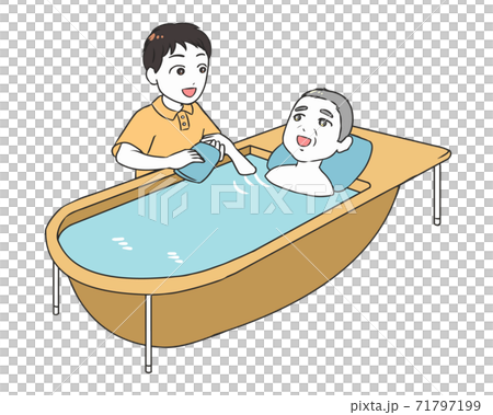 高齢男性の入浴支援　手をふく　男性介護士 71797199