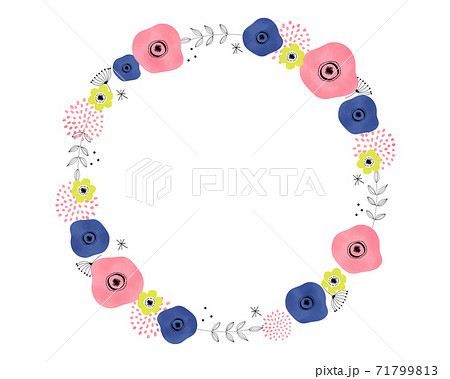 北欧風花フレーム丸型水彩 ピンク のイラスト素材