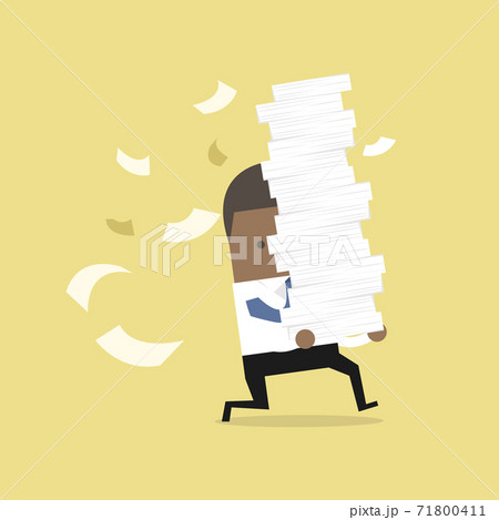 African businessman run holding a lot of papers in his hands. African businessman run holding a lot of papers in his hands. 71800411
