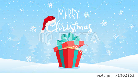 Merry christmas banner with copy space. Large gift box on a background of a winter landscape with snowflakes. Flat cartoon vector illustration for design. Merry christmas banner with copy space. Large gift box on a background of a winter landscape with snowflakes. Flat cartoon vector illustration for design. 71802253