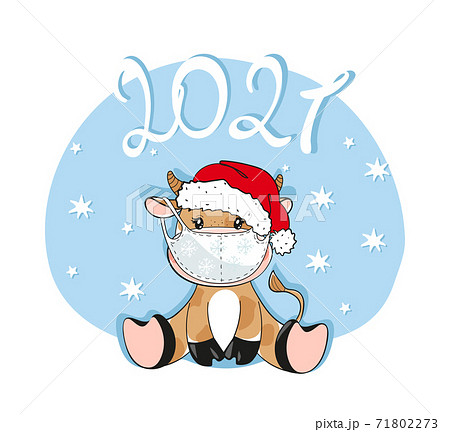 New year 2021, greeting card with a bull in a medical mask, merry christmas during the coronavirus pandemic. Flat cartoon design. Baby bull isolated on white background. 71802273