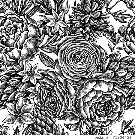 Seamless Pattern With Black And White Peony のイラスト素材