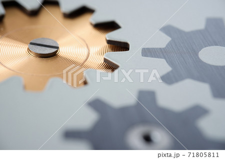 Mechanism with metal gears and threads closeup Mechanism with metal gears and threads closeup 71805811