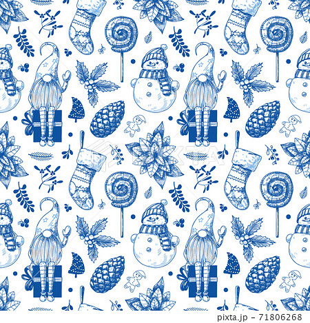 Christmas seamless pattern. Toys, snowman, wreath and other Christmas elements. Sketch Christmas seamless pattern. Toys, snowman, wreath and other Christmas elements. Sketch 71806268