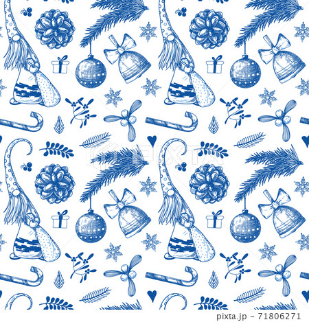 Christmas seamless pattern. Toys, snowman, wreath and other Christmas elements. Sketch 71806271