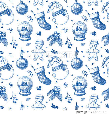 Christmas seamless pattern. Toys, snowman, wreath and other Christmas elements. Sketch 71806272