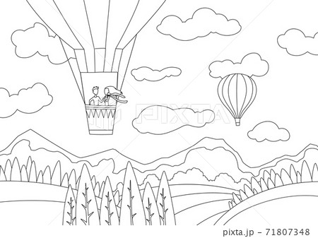 Couple on hot air balloon above mountains. Romantic summer travel concept. Air balloon ride festival vector flat illustration in coloring style 71807348