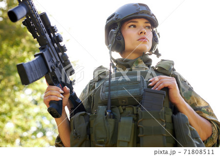 brave caucasian woman is engaged in hunting weapon gun or rifle 71808511