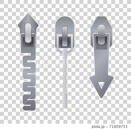 Metal or plastic fasteners, zippers. Fastener and zipper isolated, zippered accessories illustration. Set of silver metallic closed zippers on transparent background 71809755