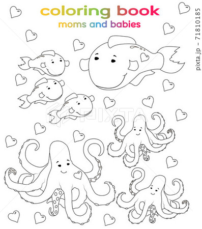Coloring book. Sea mothers and their babies. Dolphin with cubs, octopus and small octopuses. Line art design for children coloring. 71810185