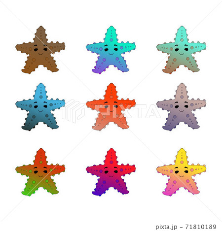 Starfish in nine different gradient colors illustration. 71810189