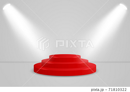 Realistic red round display podium mockup. Minimal scene with cylinder platform and spotlights for product show. Vector illustration of pedestal for xmas gift or valentine day present 71810322