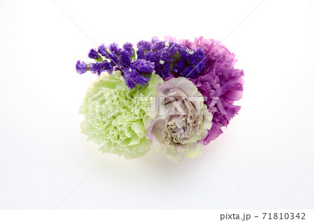 スターチス トルコキキョウとカーネーションの花束の写真素材