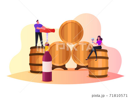 Characters Drinking Wine in Vault. Tiny Man Open Huge Bottle with Corkscrew, Woman with Wineglass Degustation, Tasting Characters Drinking Wine in Vault. Tiny Man Open Huge Bottle with Corkscrew, Woman with Wineglass Degustation, Tasting 71810571
