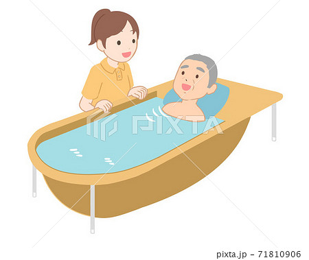 高齢男性の入浴支援 女性介護士 線無し のイラスト素材