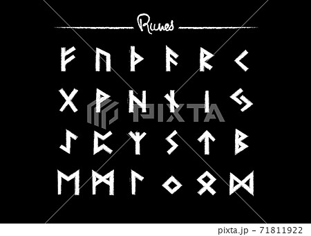 Viking runes, elder futhark alphabet. Retro norse Scandinavian runes. Sketch celtic ancient letters. Old hieroglyphic occult set icons. Medieval viking symbols. Vector isolated on black background Viking runes, elder futhark alphabet. Retro norse Scandinavian runes. Sketch celtic ancient letters. Old hieroglyphic occult set icons. Medieval viking symbols. Vector isolated on black background 71811922