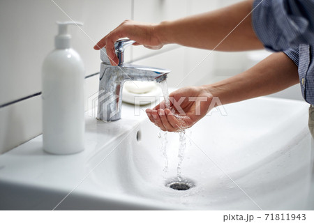 Washing hands in the bathroom with water. Prevention of viral and bacterial infections. Fighting the epidemic. 71811943