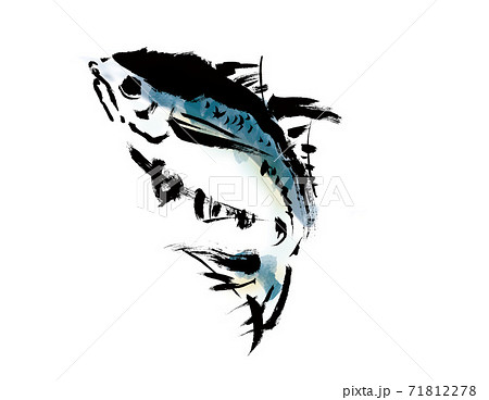 跳ねている手描き筆描きの青い魚のイラスト素材