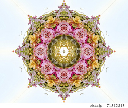 Abstract circular floral design with pink yellow and red roses on a field of white Abstract circular floral design with pink yellow and red roses on a field of white 71812813