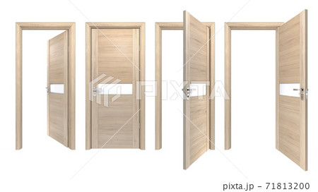 Modern set of light pine wooden doors with matt glass stripe, isolated on white. Simple modern style of indoor entrance for minimalistic style interior design Modern set of light pine wooden doors with matt glass stripe, isolated on white. Simple modern style of indoor entrance for minimalistic style interior design 71813200