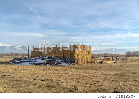 Farm in Eagle Mountain Utah with stacks of hay and snowy logs in winter 71813507