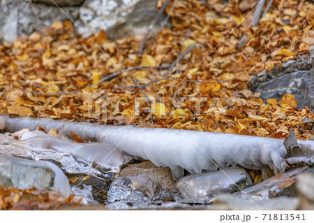 Close up of a stream with jagged rocks and translucent frozen water in winter Close up of a stream with jagged rocks and translucent frozen water in winter 71813541