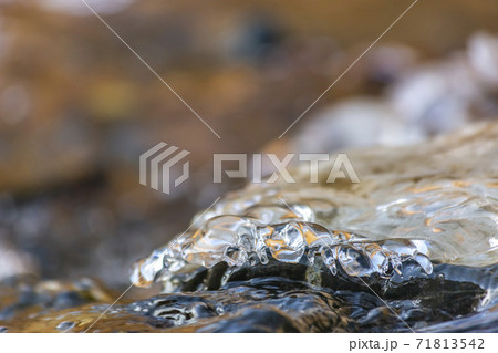 Close up of smooth and translucent frozen water covering dark rocks Close up of smooth and translucent frozen water covering dark rocks 71813542