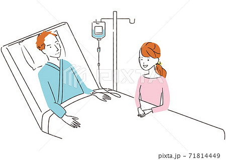 手書き線画カラーイラスト 若い夫婦 入院 ベッド笑顔 点滴のイラスト素材 手書き線画カラーイラスト 若い夫婦 入院 ベッド笑顔 点滴のイラスト素材