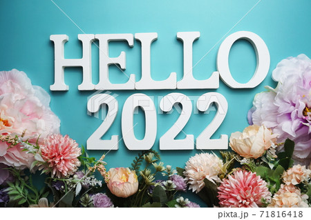 Hello 2022 alphabet letter with flower decoration on blue background 71816418