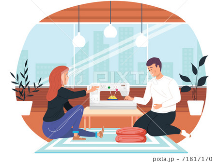 Man and woman fashion designers are sitting near the sewing machine and discussing about model Man and woman fashion designers are sitting near the sewing machine and discussing about model 71817170