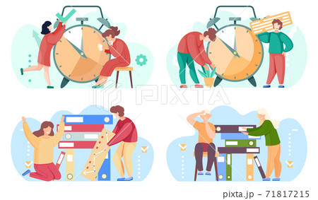 Set of illustrations on the topic of helping each other and joint work. Alarm clock on background 71817215