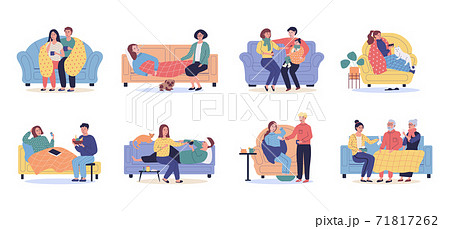 Collection of ill or sick and recovered people on sofa or couch at home. Sick person having cold Collection of ill or sick and recovered people on sofa or couch at home. Sick person having cold 71817262