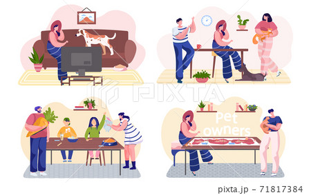 Happy people, family with a cat and dog at home. Domestic animals and owners are resting together Happy people, family with a cat and dog at home. Domestic animals and owners are resting together 71817384