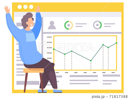 Man happily raises his hands up. Work with statistics indicators and data analysis. Growing graph Man happily raises his hands up. Work with statistics indicators and data analysis. Growing graph 71817388