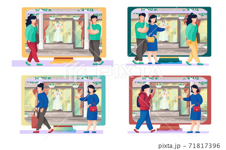 People walking down the street near bridal salon storefront. Wedding dress shop scenes set People walking down the street near bridal salon storefront. Wedding dress shop scenes set 71817396